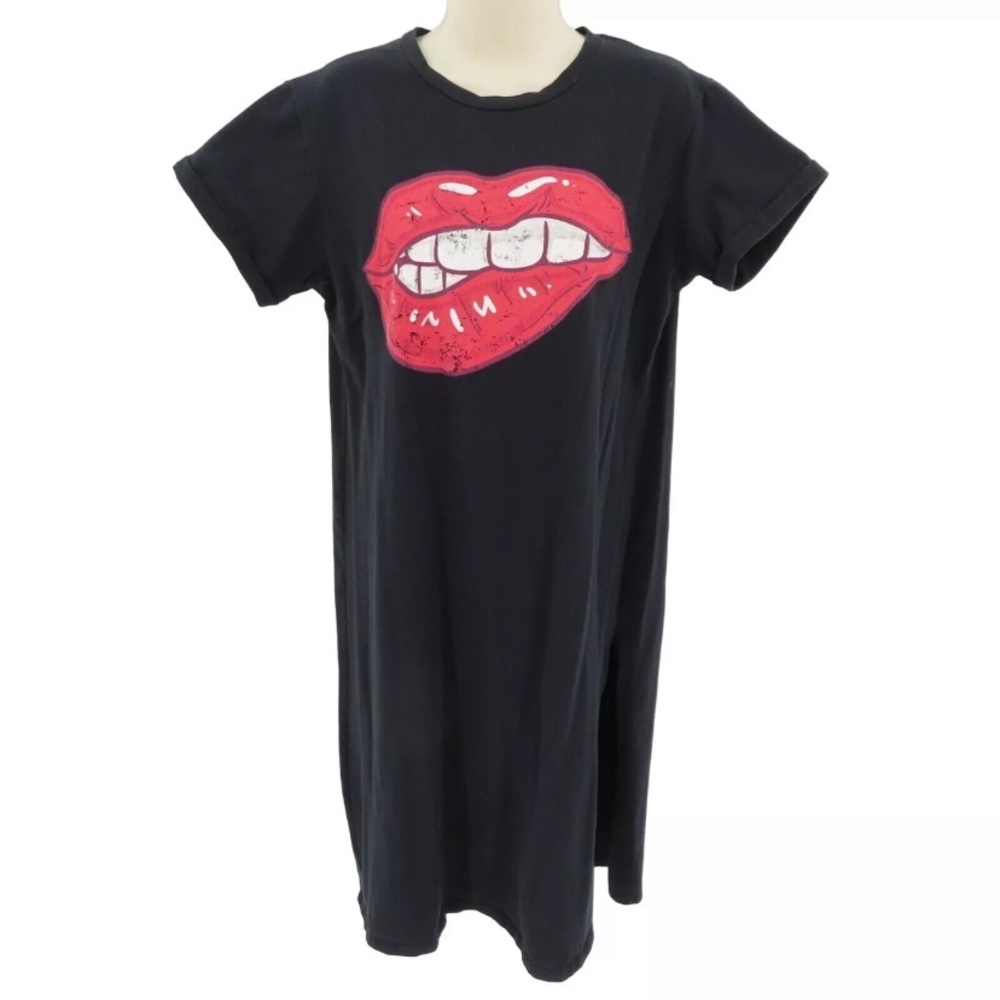 Obsessive Love Women's X-Large Red Lips  T-Shirt Dress Solid Black Short Sleeve